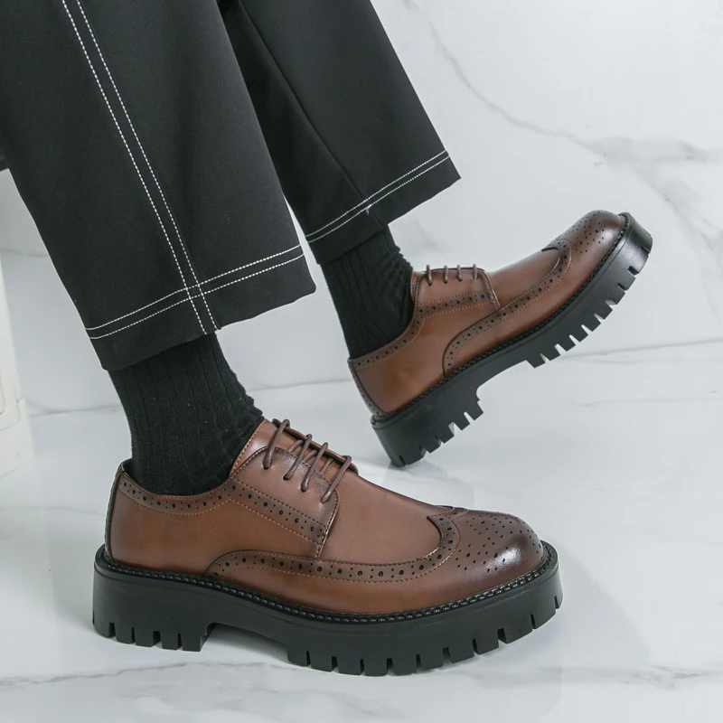 Chaussures Derby Brogue en Cuir pour Hommes, Style Classique Vintage, Semelle Épaisse, Chaussures Habillées Décontractées pour Affaire